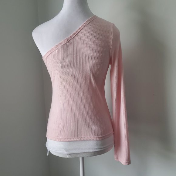 NWT * One Shoulder Long Sleeve Pink Ribbed Cropped Top Coquette Fairy - Picture 7 of 8
